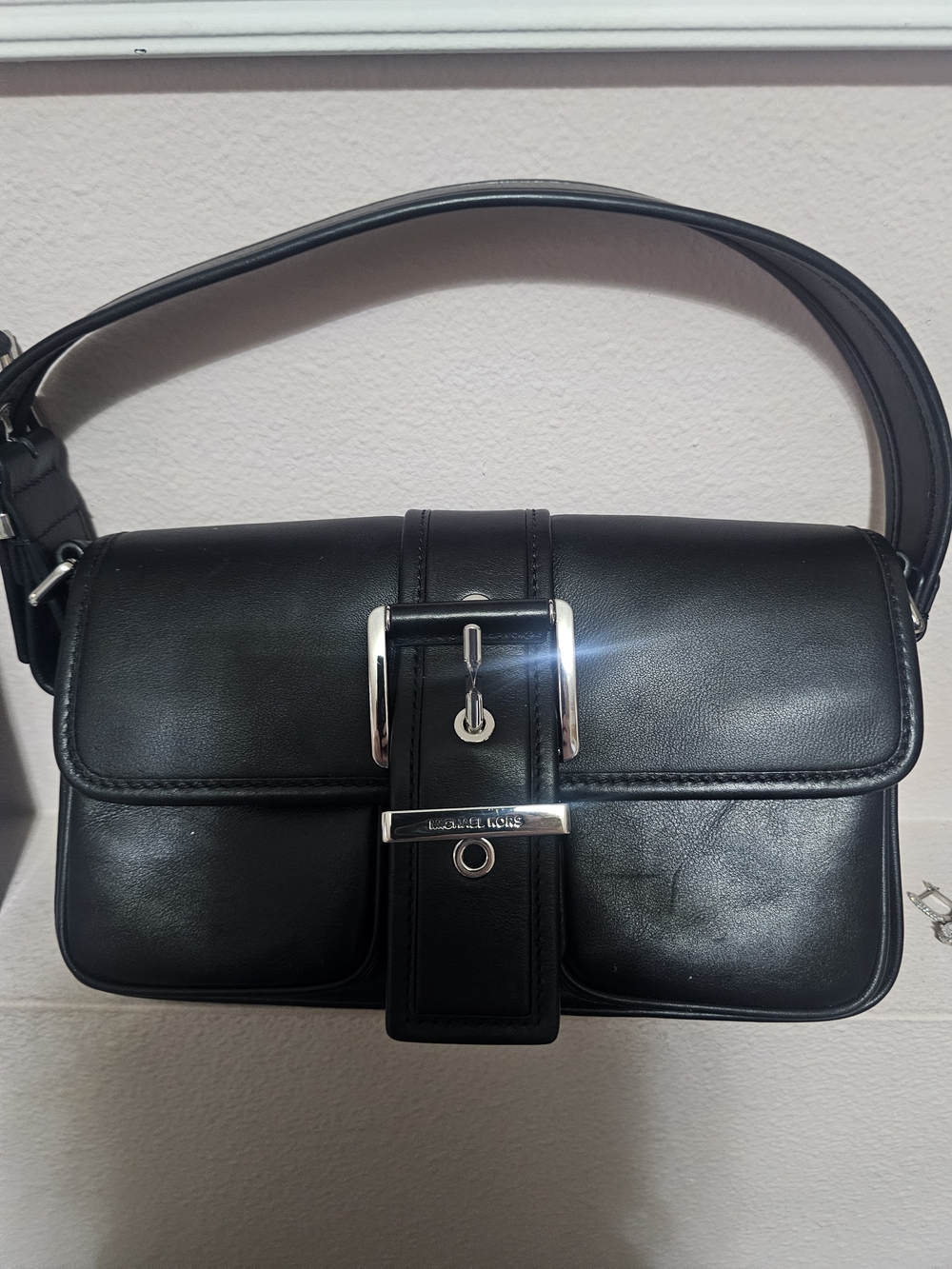 Michael Kors  Colby Black Leather Shoulder Bag with Buckle Detail